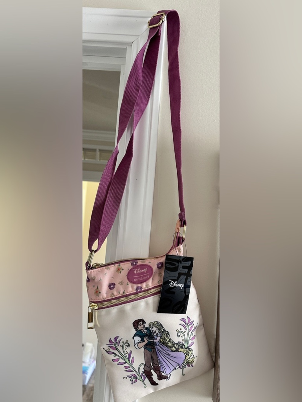 Disney Her Universe Tangled Crossbody Bag with Purple Strap and Gold Zippers